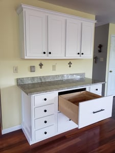 AFTER:  Desk area with new pots and pans cabinet, soft close full extension glides, white painted, Valley Park MO
