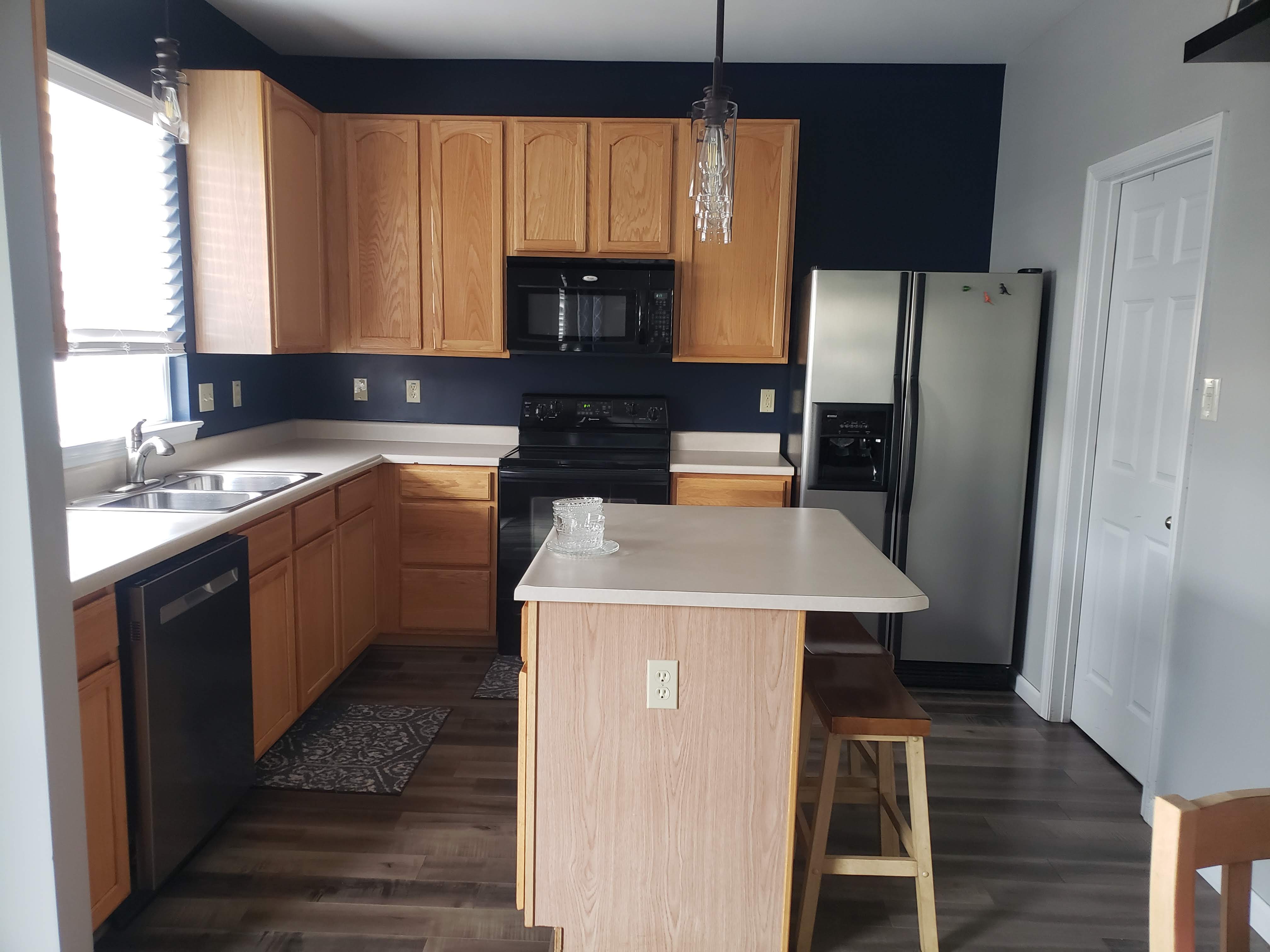 Metro Grey, Regent Blue Island, Beveled Shaker, Wine Rack, Open Shelves